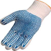 knitted glove size 9/10 polyester/cotton with blue dots on one side, 12 pairs