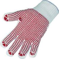 knitted glove size 10 polyester/cotton with red dots on one side, 12 pairs