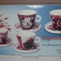 Set mit 4 Espressotassen, feinstes Porzellan, 4 Motive, schöner Verkaufskarton